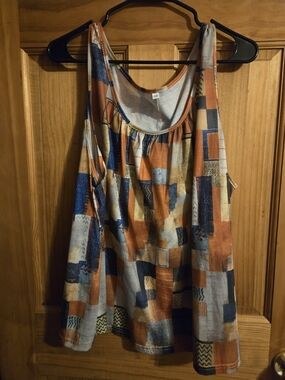 Sleeveless Geometric Print Tank Top - Blue & Rust